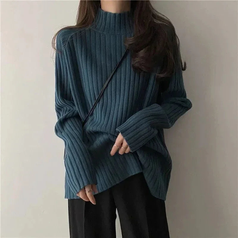 Turtleneck  Sweaters Fashion Loose Long Sleeve Women Pullover Casual Basic Solid Office Lady Knitwears Jumper