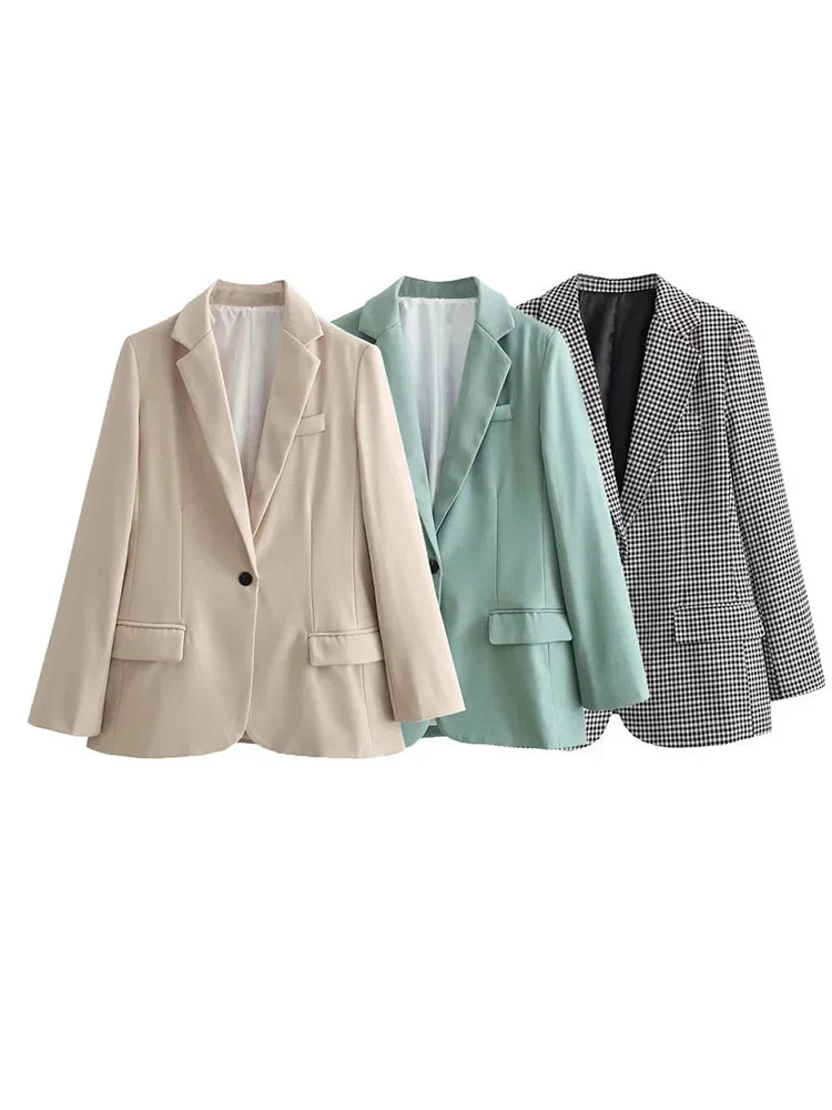 Picsgirl -  2024 Spring Casual Blazer for Woman Fashion Lapel V-neck Jackets Pockets Office Lady Fashion Long Sleeve Slim Jacket