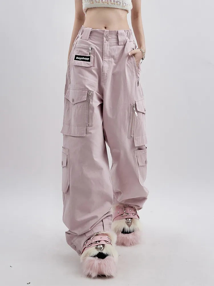 Women's Cargo Jeans Baggy Straight Denim Trouser Korean High Waist Harajuku Y2k Hip Hop Streetwear Vintage Pink Wide Jeans Pants