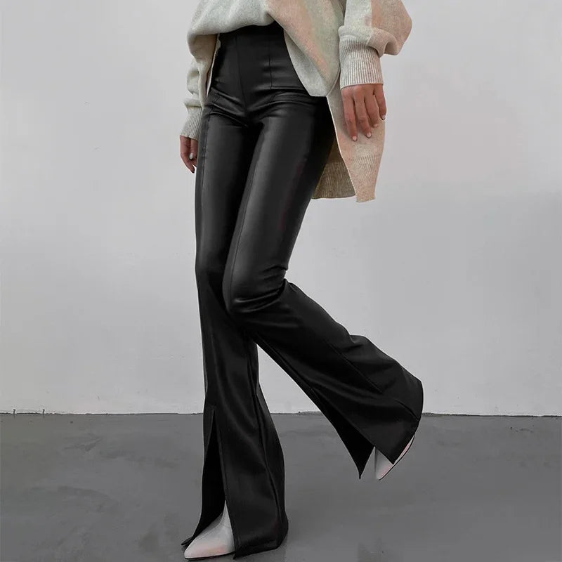 Euro-american Style 2022 Autumn and Winter New PU Leather White Splicing Slit Sexy Tight Micro Horn Leather Pants Women