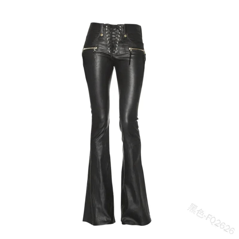 warmmeta-New Women Leather Pants Punk Rock Sexy Bandage Motorcycle Leather Pants Tight High-waist Lace Up Bodycon Flare Trousers