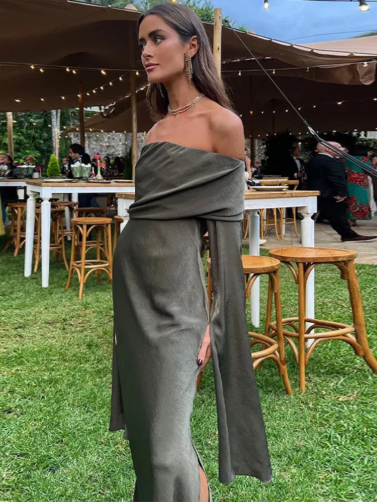 Women 2024 Sexy Solid Off Shoulder Midi Dress Elegant Chic Slash Neck Long Flare Sleeve Dresses Female High Street Club Robes