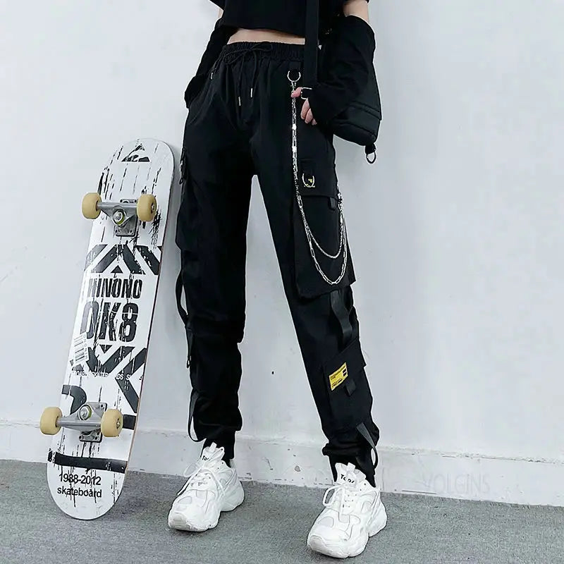 Streetwear Spring Summer Cargo Pants Women Harajuku Slim Punk Ribbons Joggers Elastic Waist Ankle-Length Trousers For Girls