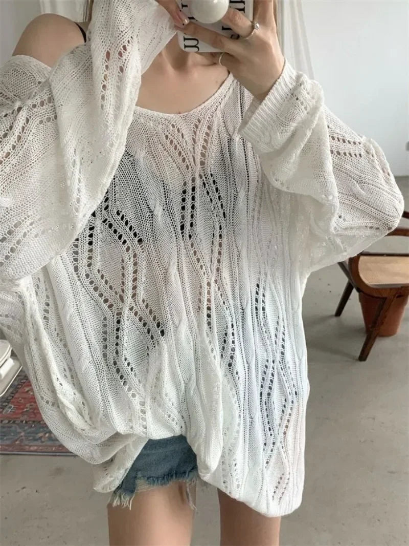 Tea party dress to impress Sexy Hollow V-neck Lace Up Knit Sweater Summer Korean Loose Sun Protection Top Elegant Backless Long Sleeved Beach Top