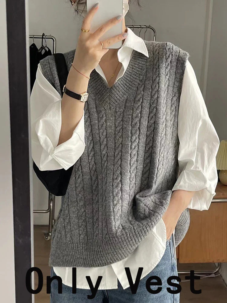 Knitted Vest Women Spring Autumn Vintage Casual Preppy Style Sleeveless Sweater Female Korean Fashion Loose All-match Waistcoat