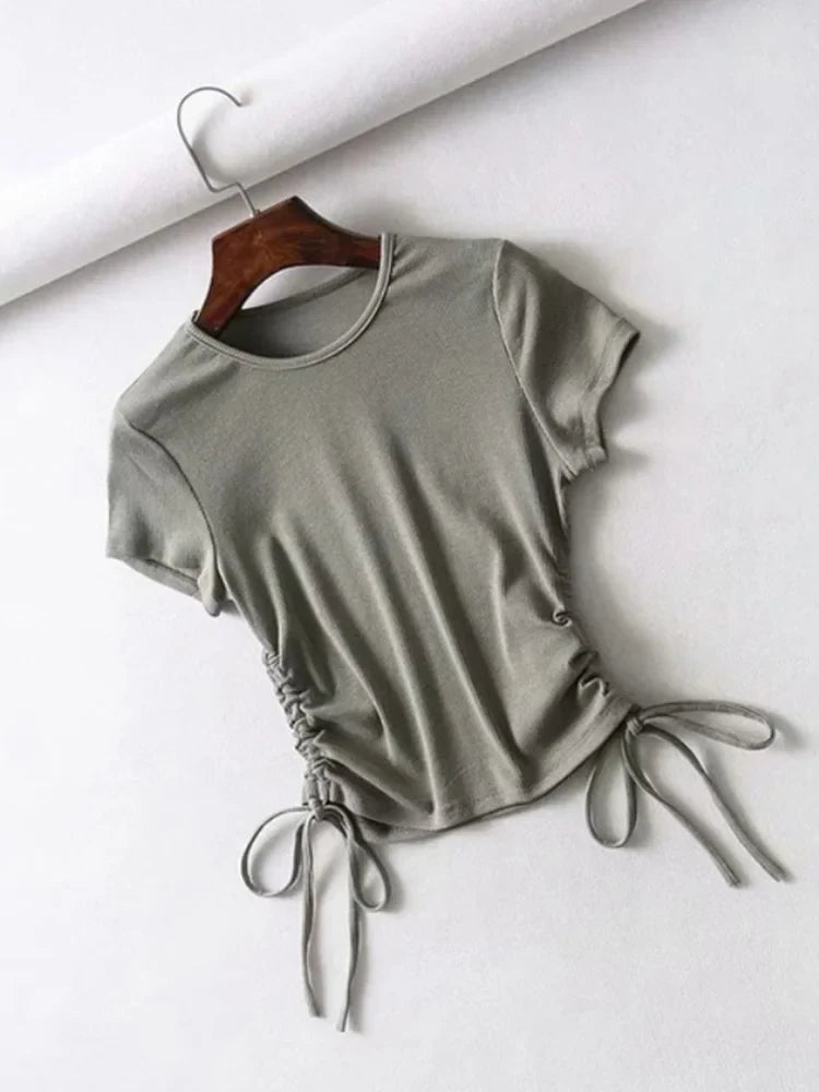 Sexy Side Drawstring Tie Up Ruched Tank Tops Women Solid Color Slim Crop Top Ladies Streetwear Ribbed Knitted Tees