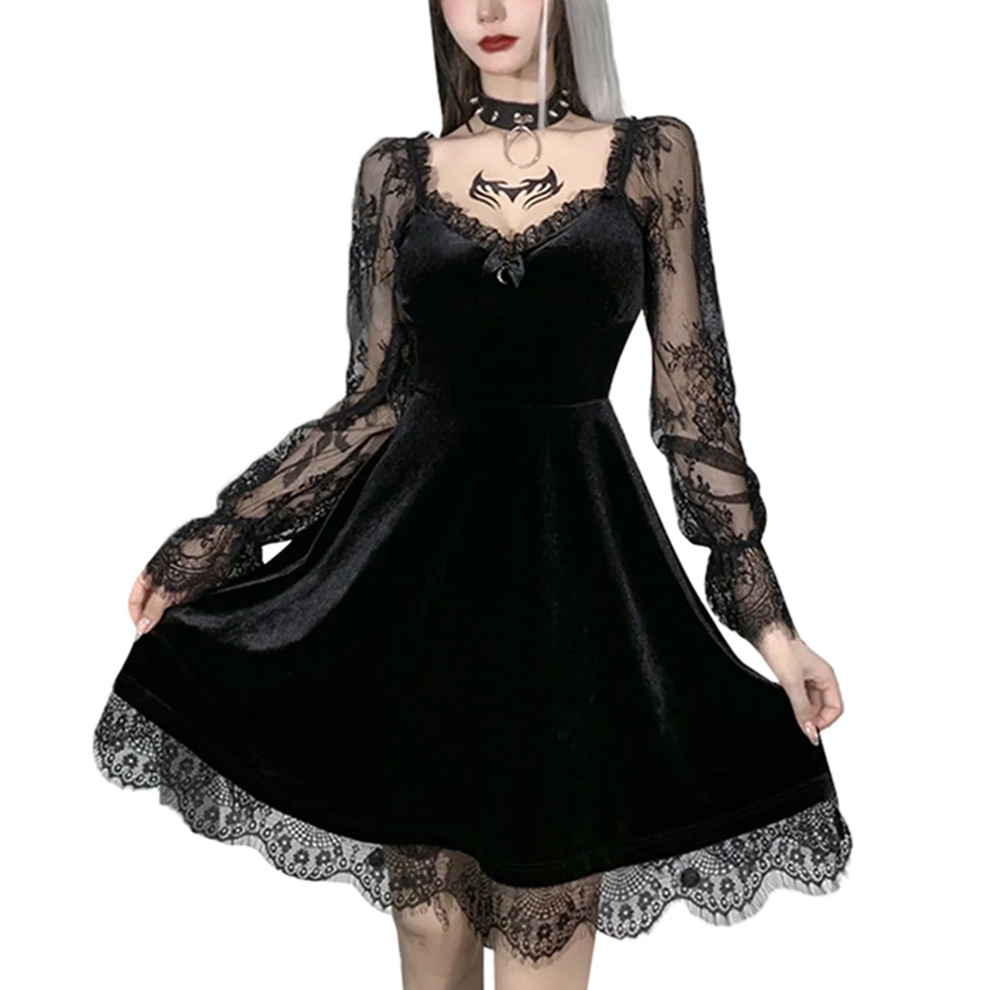 warmmeta E-girl Grunge Gothic Black Mini Dress Lace Trim High Waist Bodycon Dress Women 90s Vintage Punk Harajuku Lolita Clothes