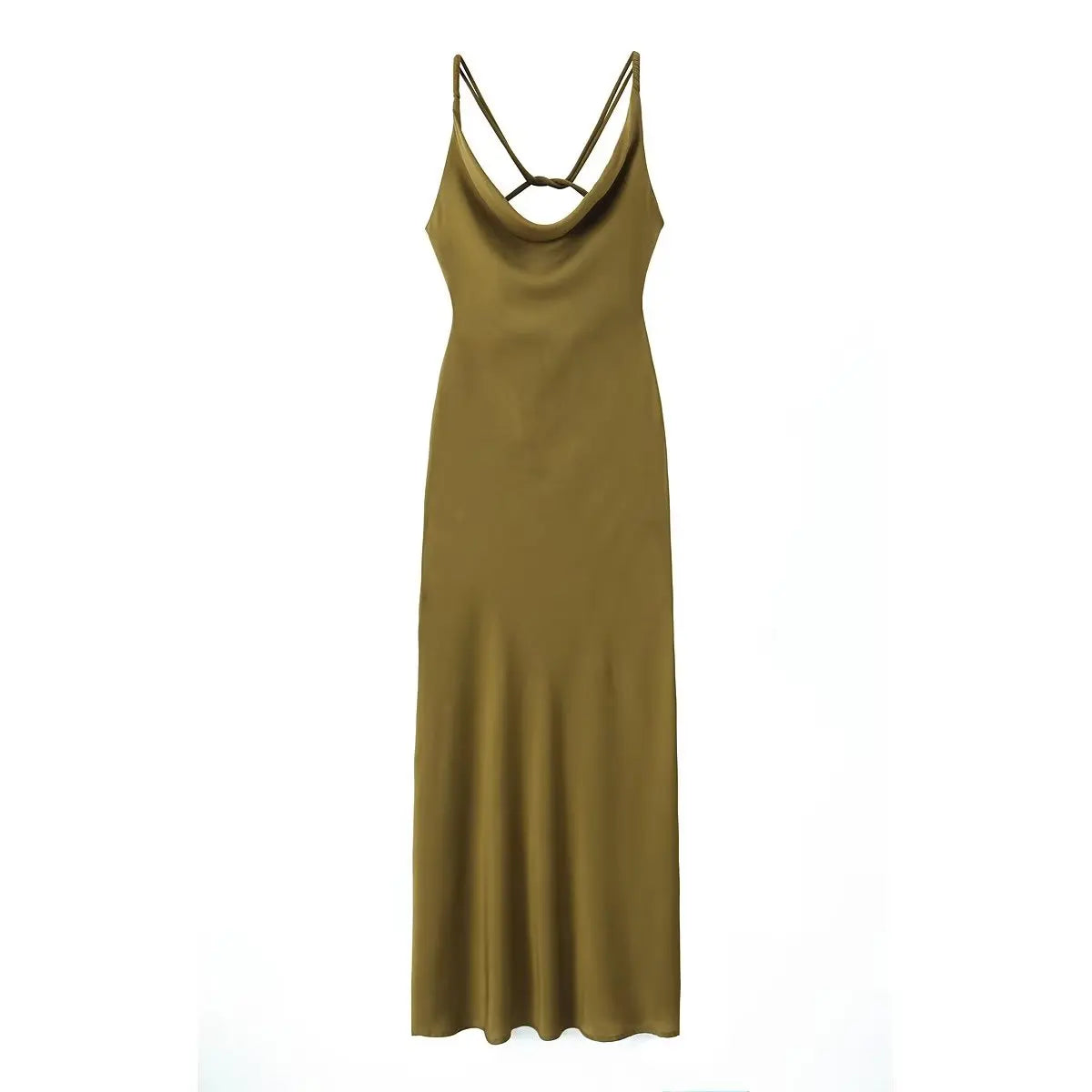 warmmeta-Sexy Women Olive Green Backless Swinging Collar Satin Slip Dress