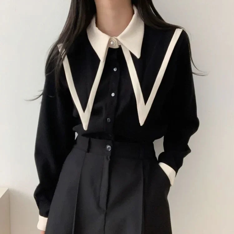 Elegant Vintage Edge Piping Peaked Collar Shirts Women Spring Loose Puff Sleeve Blouses Simple Single Breasted Tops