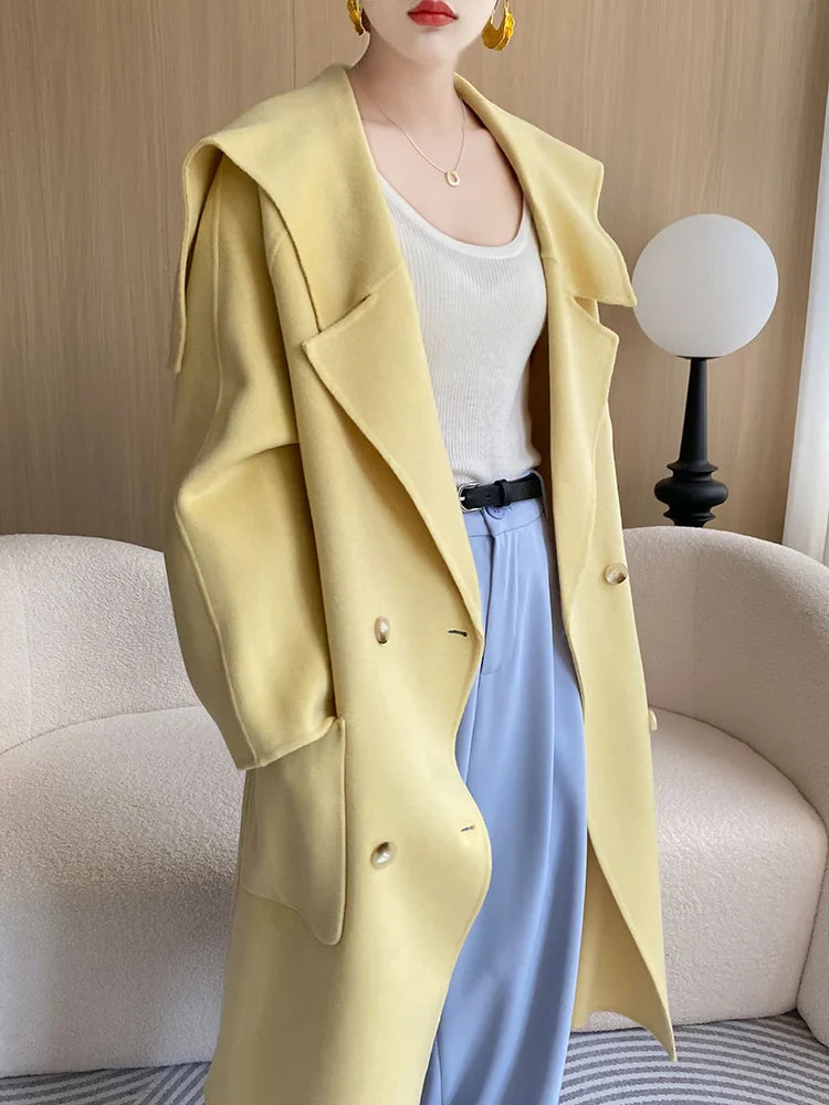 High-End Beautiful Women's Coat Autumn and Winter Long 100%Pure Wool Dovetail Collar Trendy Coat Fashionable All-Match Loose Top