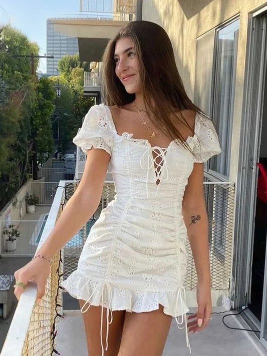 Lace Up Embriodery White Summer Dress Women Hollow Out Beach Short Dress Puff Sleeve Ruffle Ruched Bodycon Mini Dress Vestidos