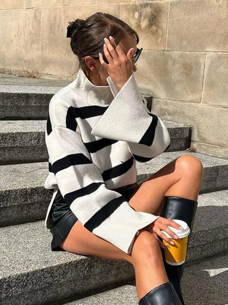 Striped Print O Neck Long Sleeve Pullover For Women Fashion Chic Long Sleeve Sweaters Autumn Winter Casual Loose Streetwear