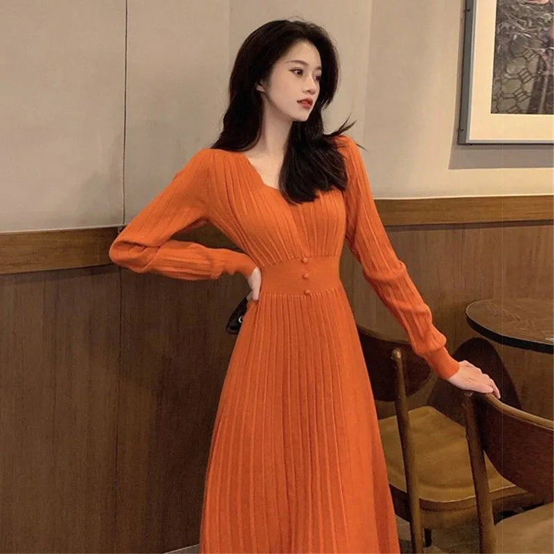 autumn and winter Korean dramas coat sweater medium length bottom pullover femaleWhite knitted inner layer pullover dress women