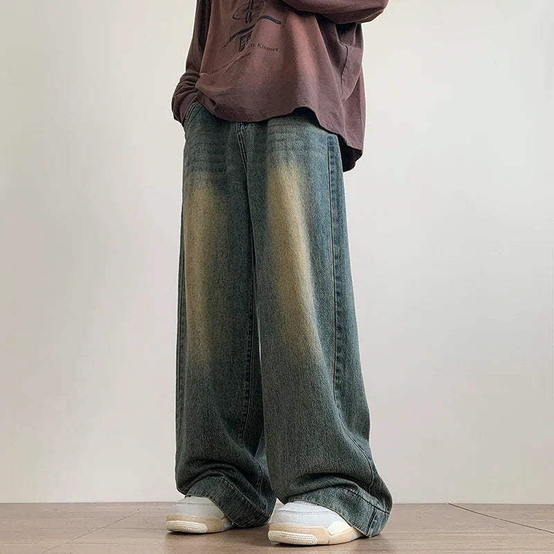 warmmeta-Distressed Vintage Blue Jeans Pants Men Wide-leg Denim Trousers Male Oversize Streetwear Fashion Casual Baggy Straight Jeans