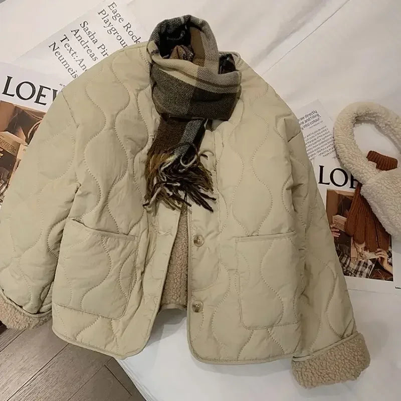 warmmeta 3 Women cotton jacket khaki color lamb wool cotton jacket plush thickened round neck single breasted minimalist jacket