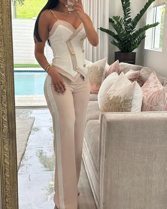 2024 Spring Women Casual Suit Set Contrast Paneled Skinny V-Neck Double Breasted Chain Strap Cami Top and Straight Leg Pants Set