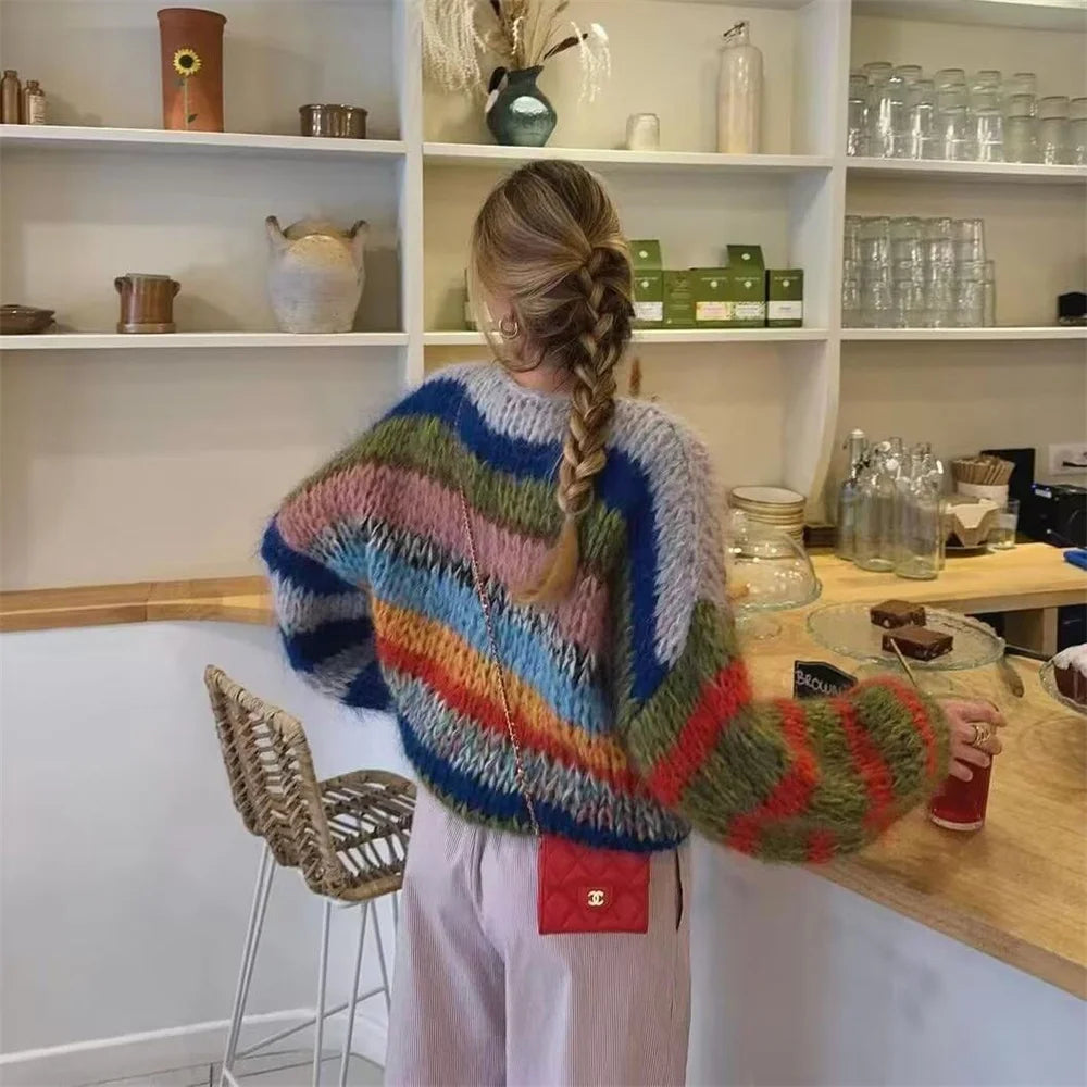 Fashion Knitted Colorful Striped Oversize Sweater For Women Autumn Winter Lantern Long Sleeve Casual Sweater