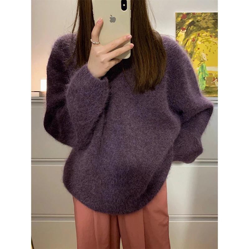 Winter Casual Purple Knitting Long Sleeve Solid Color Pullovers Korean Fashion Women Chic Loose Coquette Warm Sweater