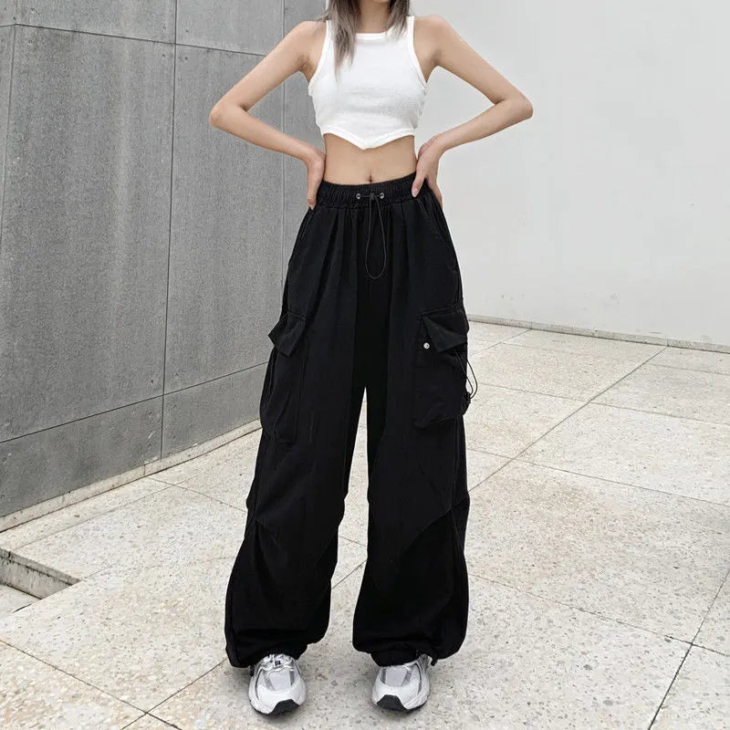 warmmeta Women Casual Joggers Tech Pants Solid Low Waist Sweatpants Drawstring Wide Leg Baggy Trousers Y2k Streetwear Oversize Sweatpants