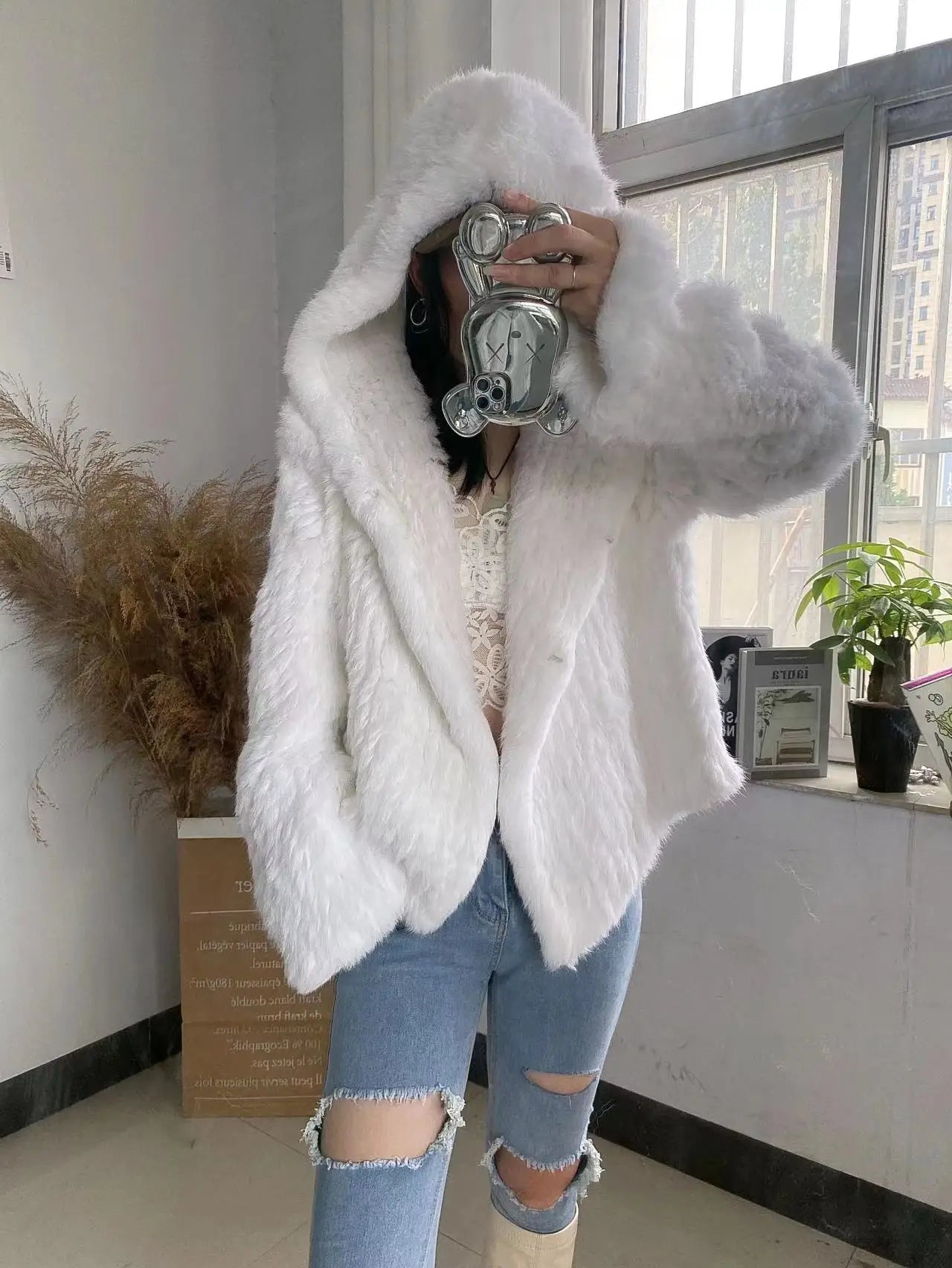 Autumn Winter Women Real Rabbit Fur Coat 100% Natural Fur Jacket Loose Manual Weave Quality Streetwear Hooded Flare Sleeves New