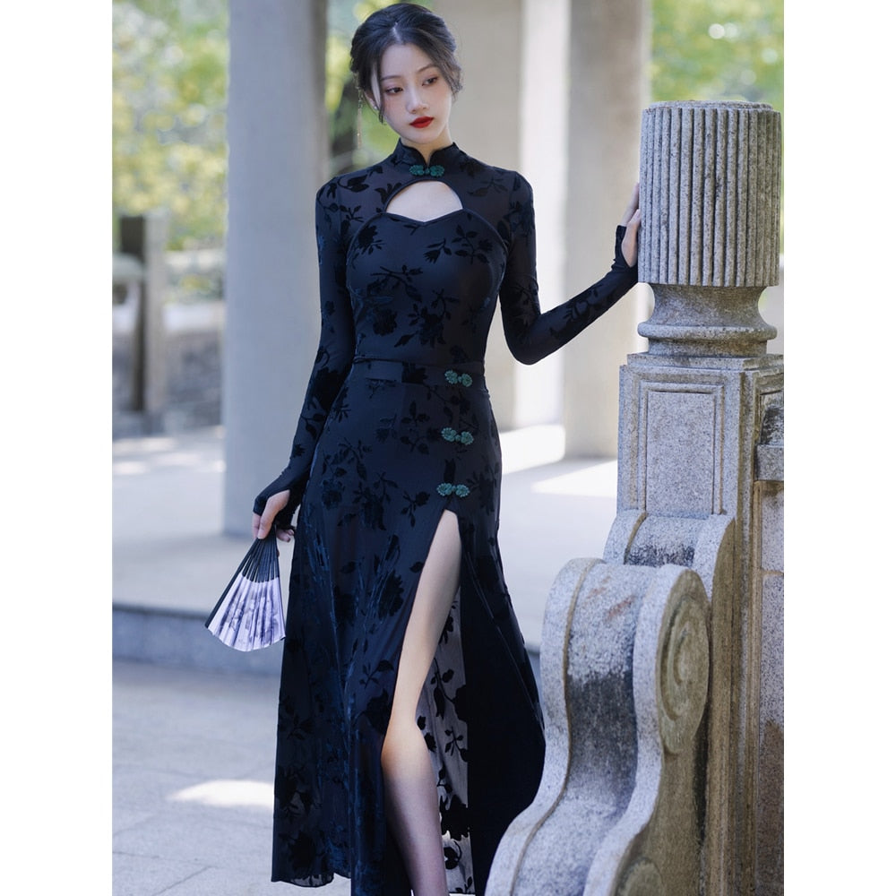 Lilith Black 90s Style Cheongsam 2-Piece Dress