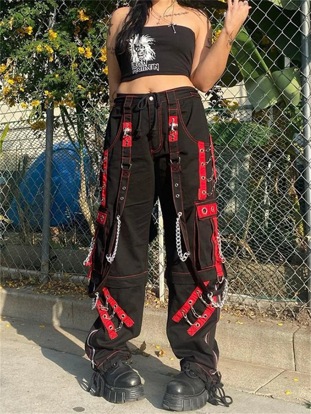 Women's Gothic Black Cargo Pants Aesthetic Harajuku Bandage Goth Pant Y2K Streetwear Vintage Punk Wide Leg Baggy Trousers