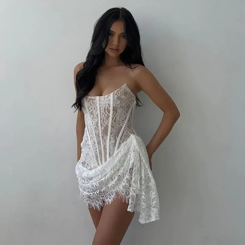 warmmeta-Sexy Asymmetric Sheer Lace Mini Dresses White Fishbone Corset Dress Birthday Party Club Outfits for Women C33-DI15