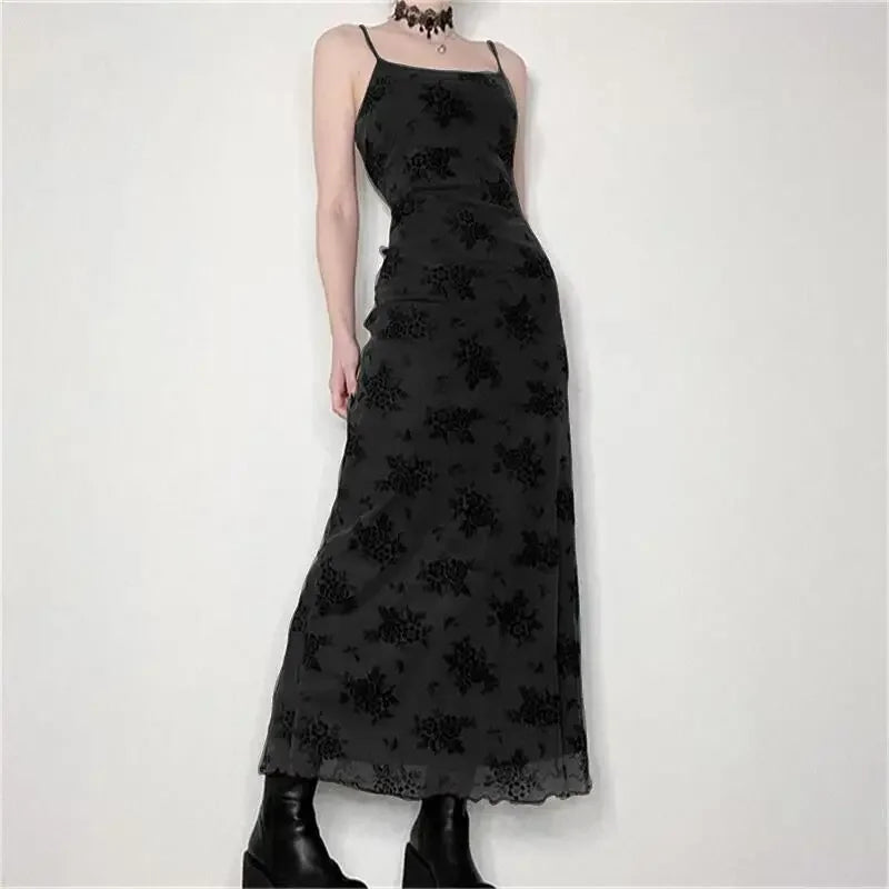 WARMMETA Gothic Black Sexy Dress Women Streetwear Y2k Alt Floral Print Sleeveless Mesh Patchwork Dress Elegant Party Club Dresses