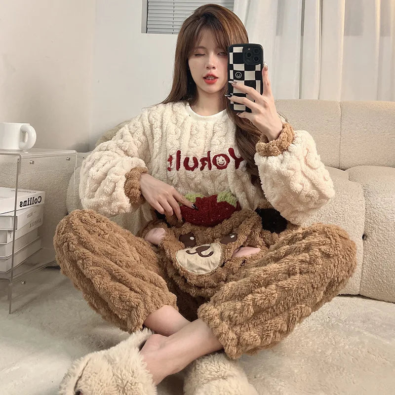 Winter Thicken Women Pijamas Sets Korean Girls Soft Warm Sleepwear Pyjama Pour Femme Cartoon Bear Cute Pajamas Long Sleeve Pants