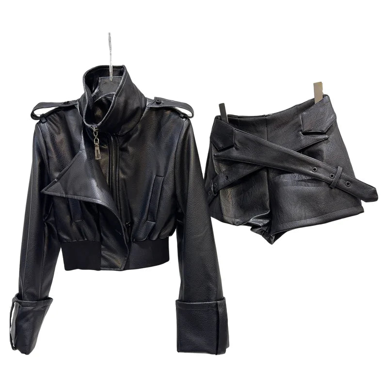 Autumn Turtleneck Pu Short Jacket Criss-cross Belt Faux Leather Shorts Two Piece Set Women Outfits