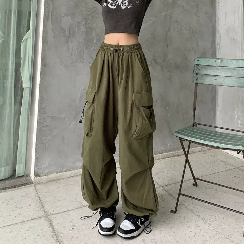 warmmeta Women Casual Joggers Tech Pants Solid Low Waist Sweatpants Drawstring Wide Leg Baggy Trousers Y2k Streetwear Oversize Sweatpants