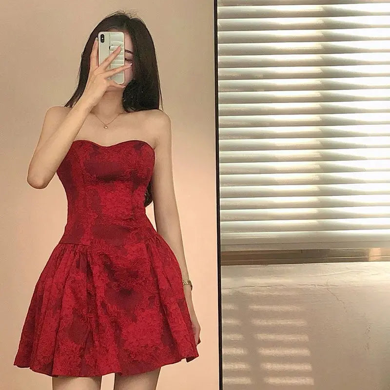 WARMMETA Hot Girl Red Strapless Printed Dress for Women's Summer Slim Fit Sexy Floral A-line Short Dress Fashion Female Clothes