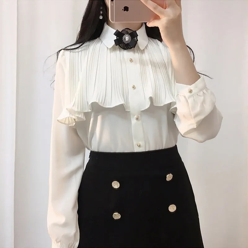 Korea Chic Tops Blusas Japan Style Elegant Hot Cute Preppy Girls Work Button White Shirts Retro Flhjlwoc Fashion Women Blouses