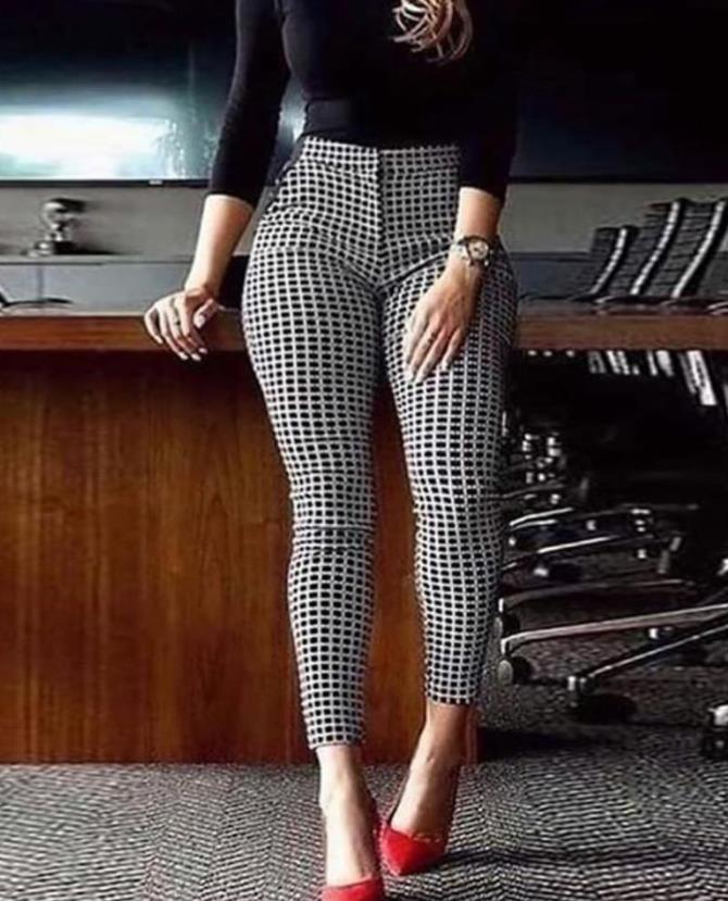 WARMMETA Woman Dress Pants Zipper Fly Geo Print Skinny Pants 2023 New Casual All-Match Female Work Clothing