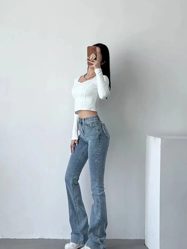 PICSGIRL  -  Fashion Denim Packets Jeans Women High Waist Flare Pants Streetwear Trousers Pants Jeans Ladies Autumn Bottoms Blue