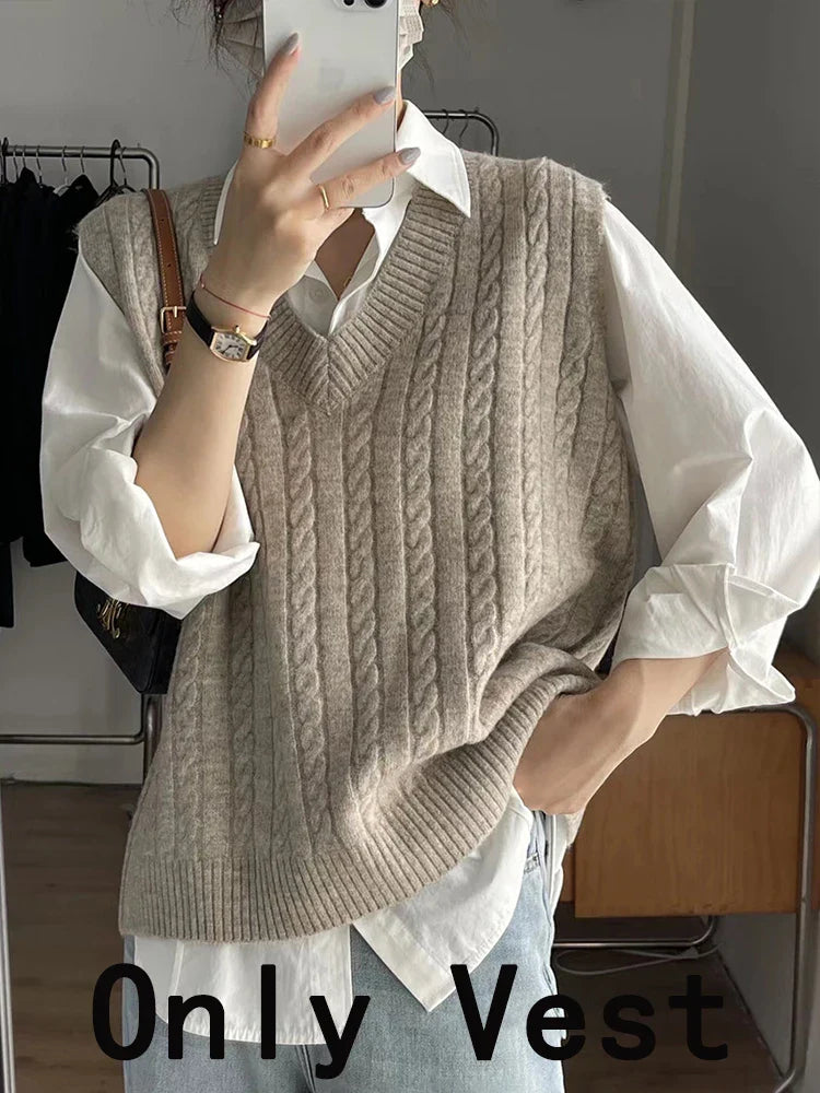 Knitted Vest Women Spring Autumn Vintage Casual Preppy Style Sleeveless Sweater Female Korean Fashion Loose All-match Waistcoat