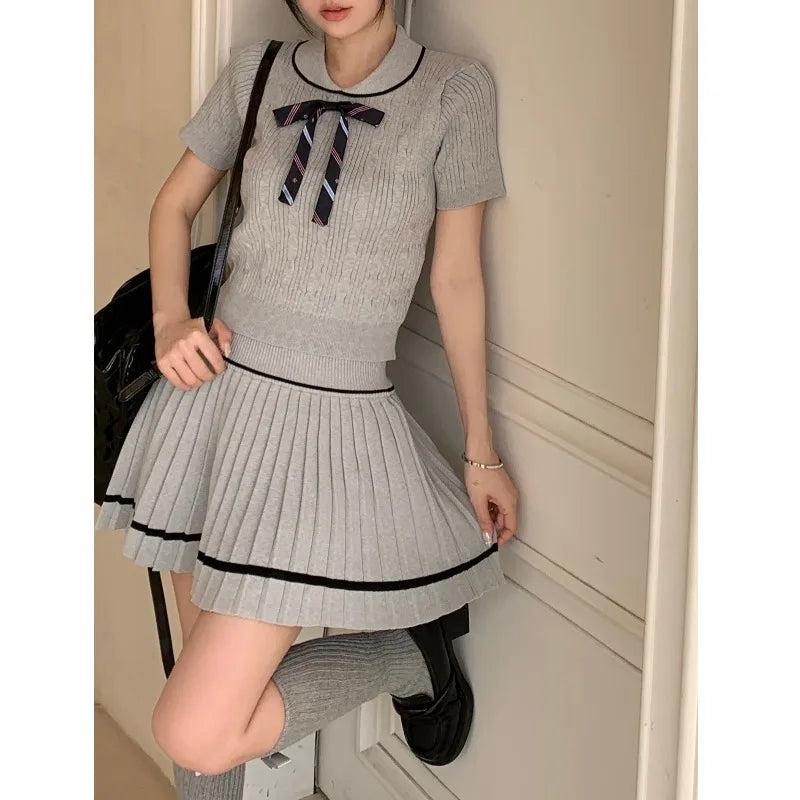 warmmeta Girl College Style Suit Women's Autumn Knitted Pleated Dress Turn-down Collar Bow Top Two-piece Set Fashion Female Clothes