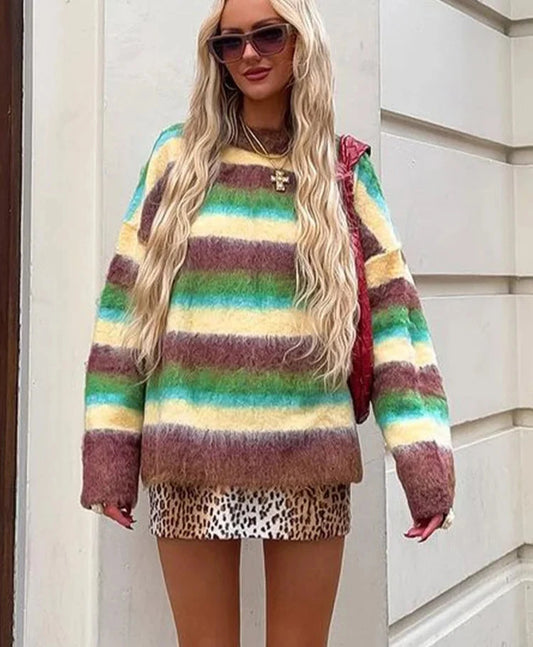 Vintage Women's Colorful Striped Mohair Sweater Loose Contrast O-neck Long Sleeve Pullovers 2024 Autumn Lady Casual Streetwear