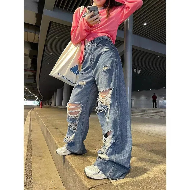 warmmeta Streetwear Straight Pants Ladies Ripped Jeans High Waist Loose Wide Leg Pants Ladies Jeans Y2K Plus Size High Street Jeans