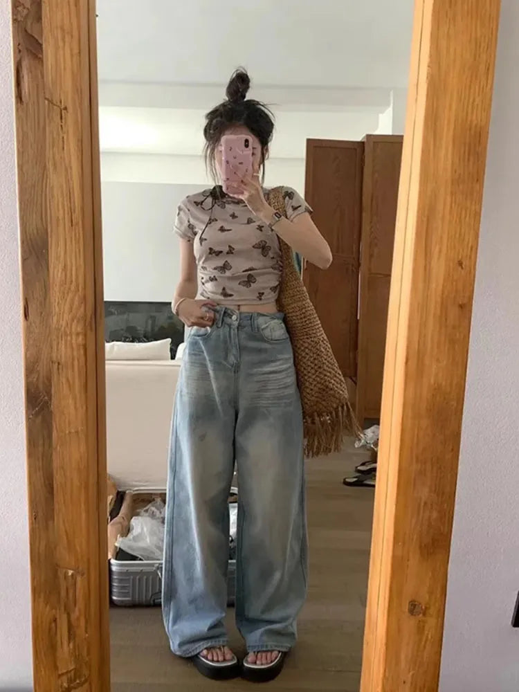 New Design Denim Wide Leg Pants High Waist Fashion Full Length Trousers Show Thin Casual Korean Retro Jeans Trend High Quality