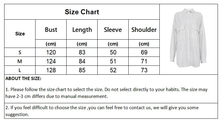 Picsgirl -  Striped Shirt Women White Lapel Tops Female Oversized Fashion Blouse Ladies Elegant Loose Single Breasted Long Sleeve Camisas