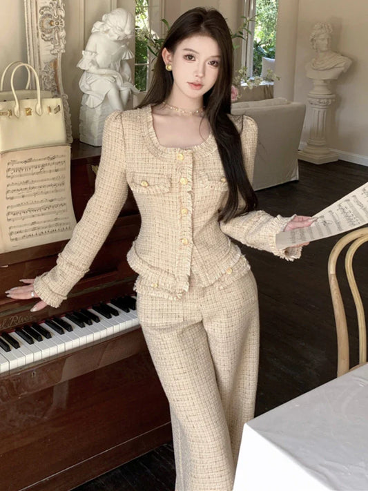 New Luxury Designer Wool Pants Suits Two Piece Sets Outfits Women Elegant Tweed Slim Long  Trousers Short Coat Tops Lady Clothes