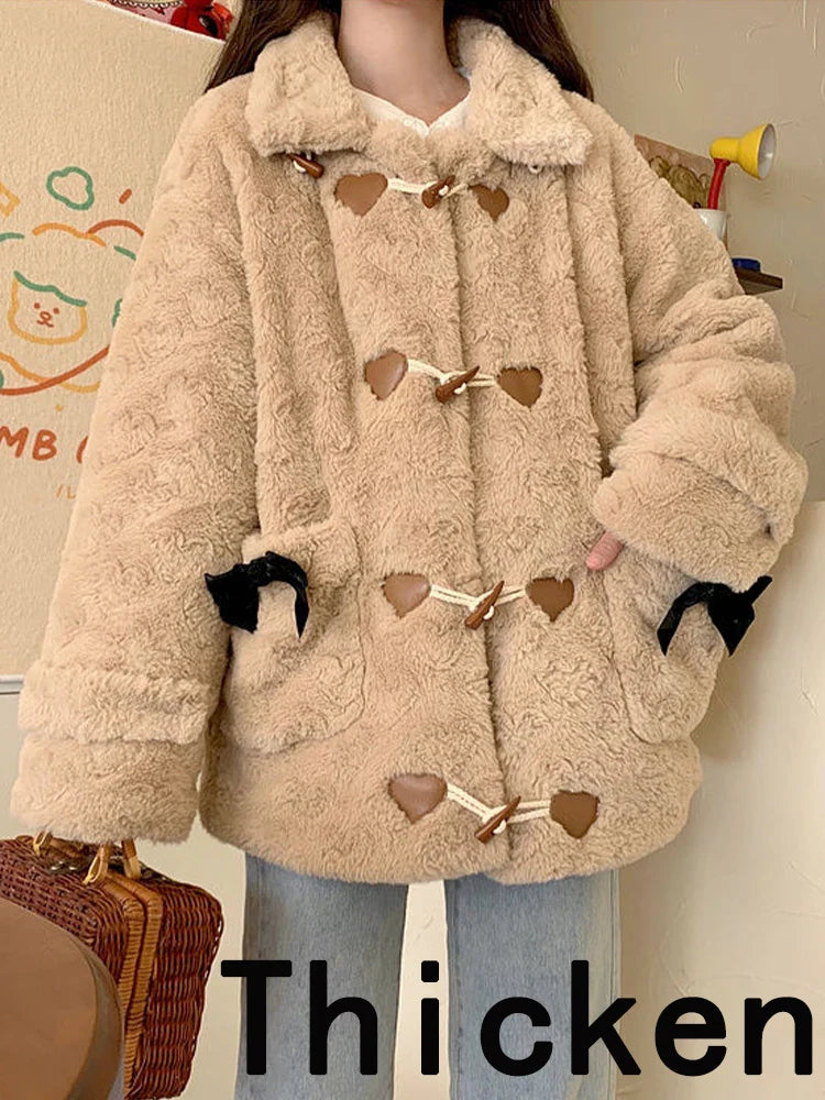 Blue Plush Coat Women Korean Fashion Kawaii Preppy Style Heart Jacket Female Autumn Winter Casual Warm Bow Horn Button Outerwear