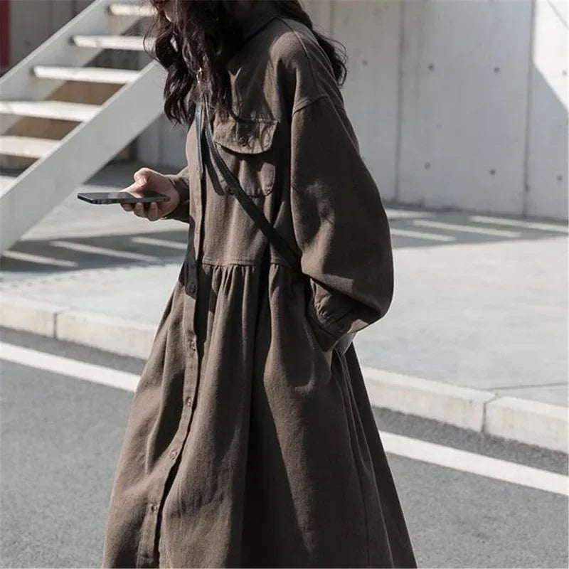 Fashion Winter Dress Loose Shirt Ruffle Long Sleeve Dress Robe Harajuku Vintage Dress Lady T Shirt Streetwear Solid Casual Dress