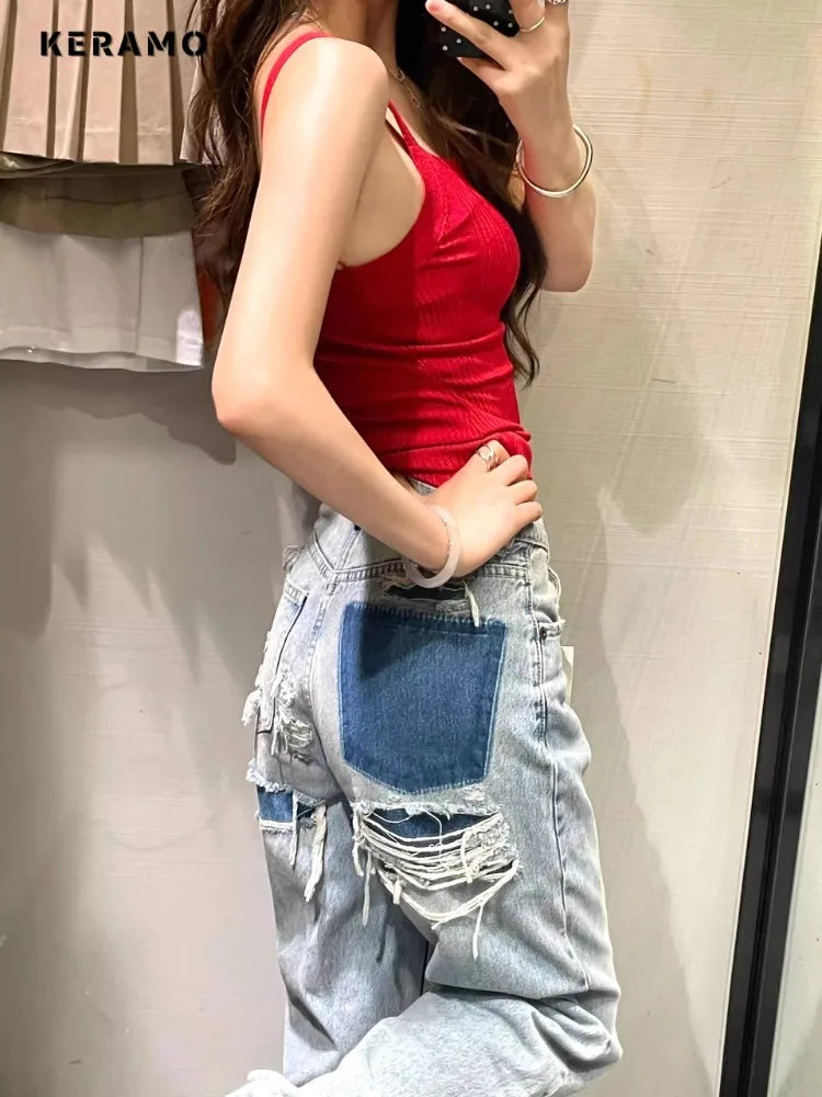 Women Retro Wide Leg Baggy Casual Denim Trouser Harajuku Patchwork Washed High Waist Loose Jeans 2024 Summer Ripped 2000s Pants