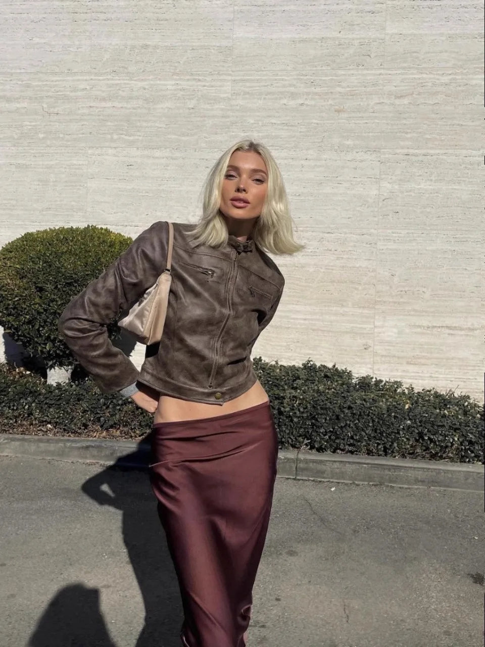 Picsgirl -  Women Elsa Hosk Look BELLA MOTO JACKET CHOCOLATE  Zip & Button Pockets Coat Suede