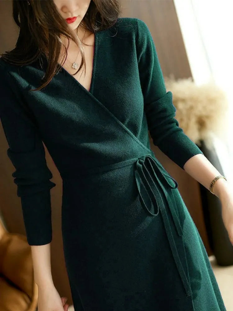 2023 Autumn/Winter Women's V-neck Lace Up Wrap Up Dress New Korean Version Loose and Elegant Commuter Style Knitted Dress