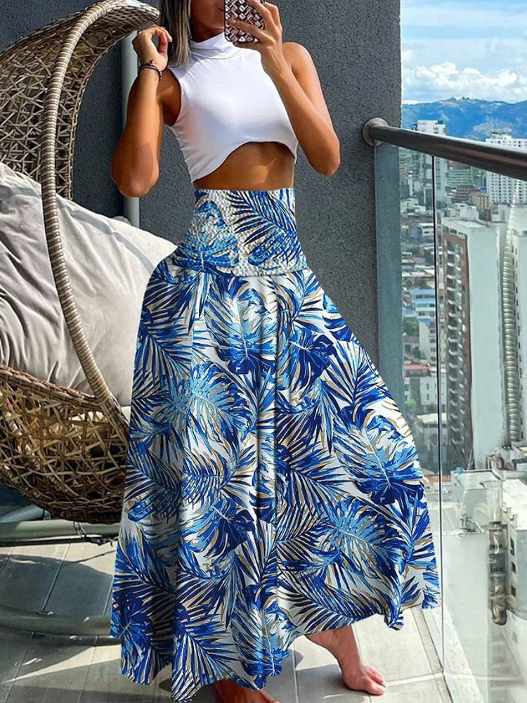 Boho Print Skirts For Women 2024 Summer Casual Elastic High Waist A-line Big Swing Long Dress Vacation Beach Party Skirt Robe