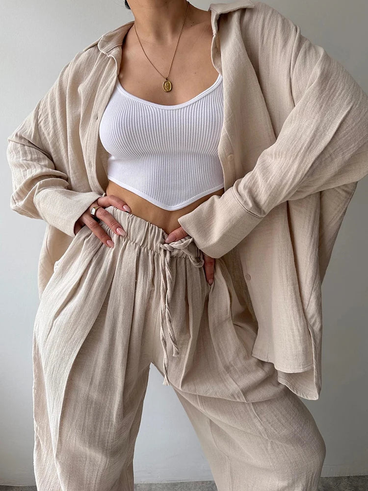 2024 Spring Women's Tracksuit with Buttons Shirt Casual Loose Soft Wide Leg Trousers Home Suit Two Piece Set for Women Outfits