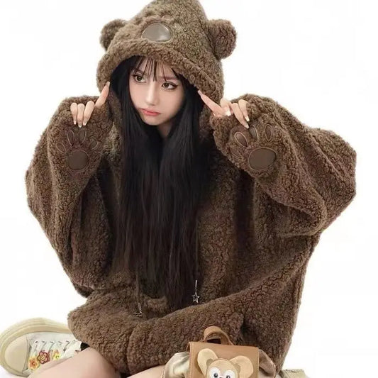 Cute bear hat lamb wool hoodies brown loose sweatshirts fashion niche zippered cardigan thick winter coat kawaii women clothes